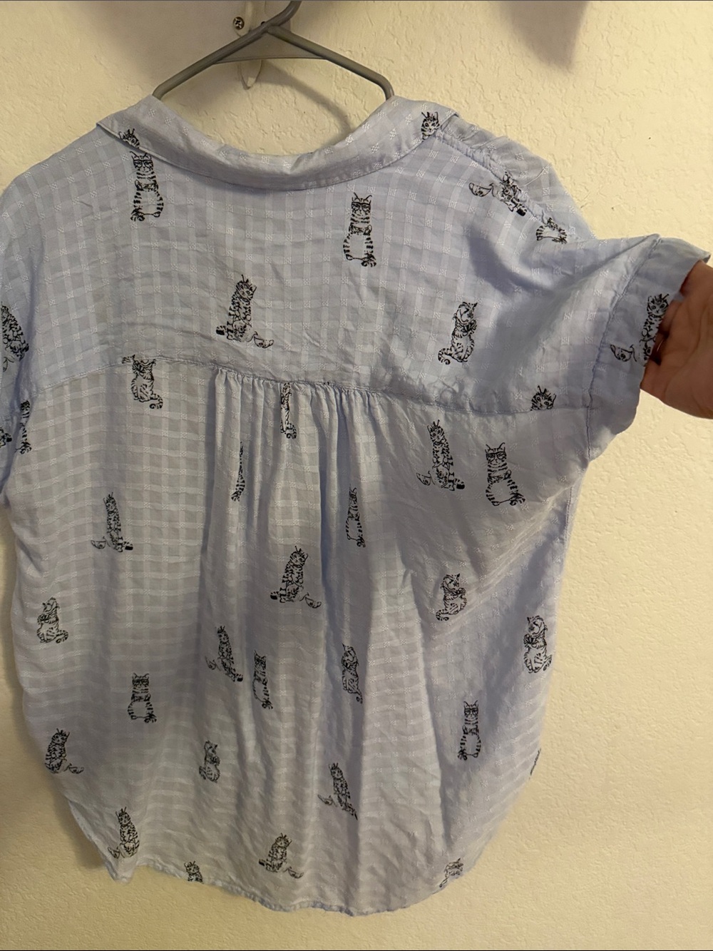Jane and Delancey Light Blue Cat Print Button Front Blouse - Picture 3 of 3